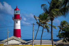 Beautiful red and white lighthouse on the coast of Salvador, Brazil