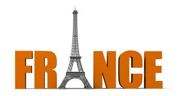 Beautiful, orange "FRANCE" sign with Paris Eiffel Tower, at white background, on clipart