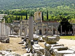 Beautiful Roman ruins among the green trees in Turkey