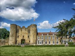 Beautiful Tonbridge Castle, among the green plants, in Kent, England