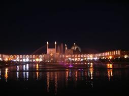 Iran Mosque night lights Water