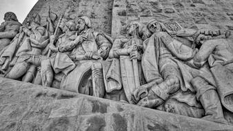 Black and white photo of the Padrao Dos Descobrimentos in Lisbon, Portugal