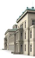 3d model of the villa building, with the green roof, at white background, clipart