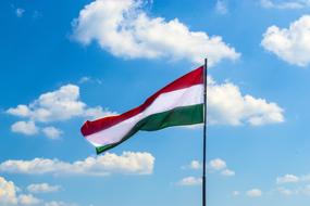 Flag Hungary against a blue sky with white clouds