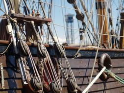 mast on a wooden boat close up