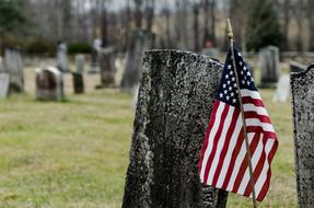 american flag in the cemetery on a blurred background