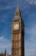 Beautiful Big Ben clock on the tower in London, England, under the blue sky with white clouds