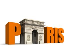 3d model of the orange "Paris" sign with the beautiful Arc De Triumph, at white background, clipart