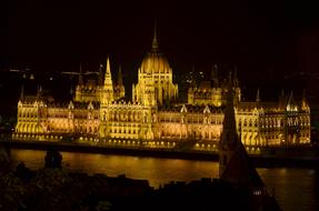 yellow night illumination of the parliament building in Budapest