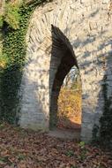 Beautiful arch in the tower, among the colorful plants, in shadow and sunlight, in the autumn