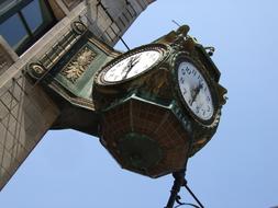 Close-up of the retro clock on the building in Chicago, Illinois, USA, in sunlight, under the blue sky