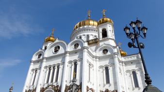 Beautiful, white and gold Cathedral of Christ the Saviour in sunlight, in Moscow, Russia, near the lantern