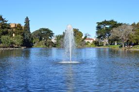 Beautiful landscape with the water with fountain, among the colorful plants, under the blue sky