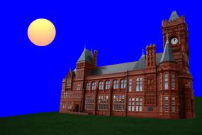 Model of the building, at blue sky background with colorful Full Moon, clipart