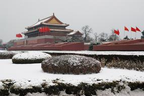 Beautiful and colorful, snowy palace in China, among the trees