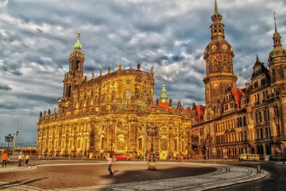 Tourists on the square near the Palace in Dresden