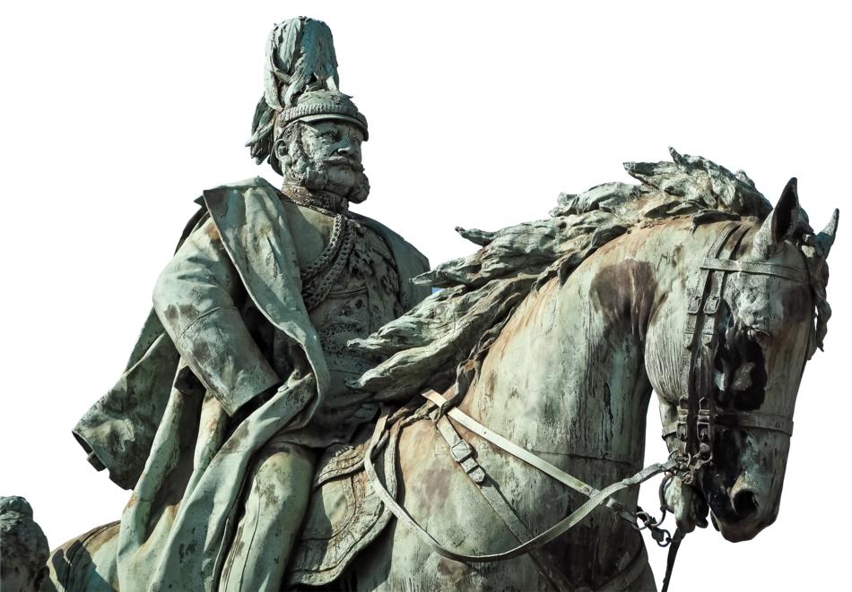 Beautiful, bronze statue of William 2, on the horse, at white sky on background