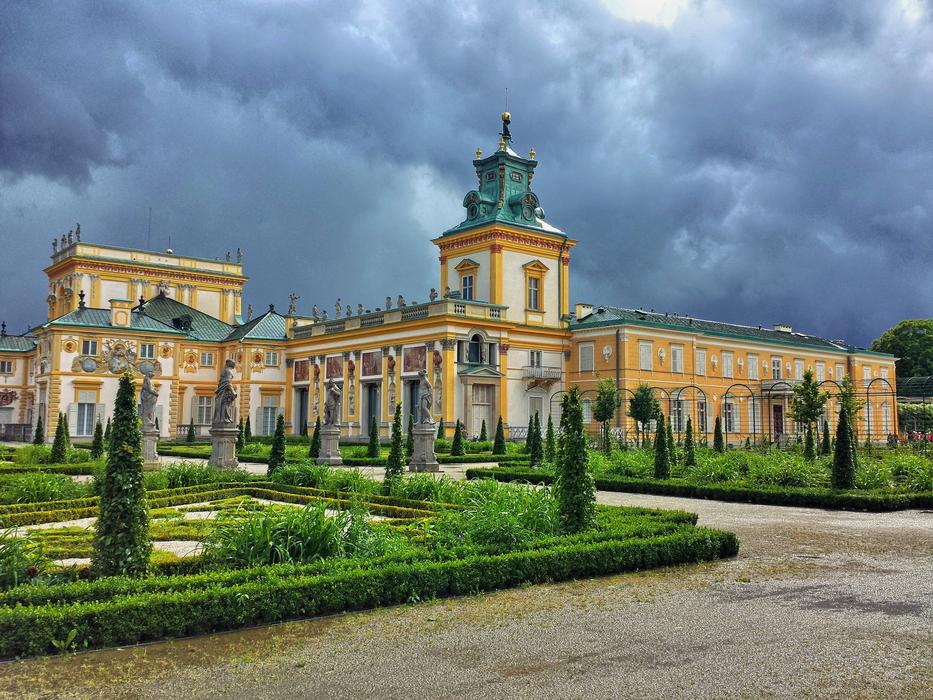 Beautiful and colorful palace with the green garden, in WilanÃ³w, Poland