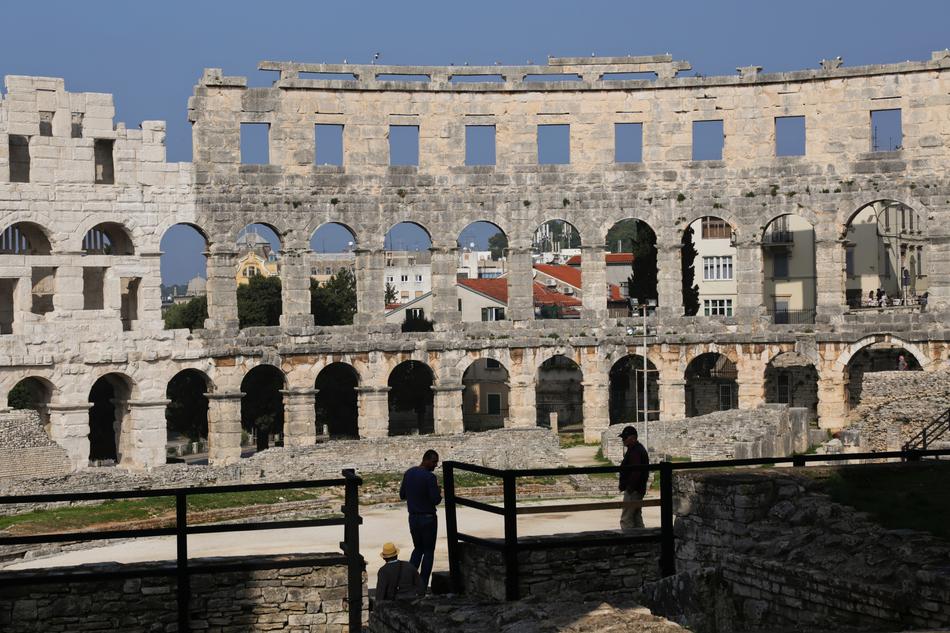 Beautiful, old architecture, in Pula, Croatia, at blue sky on background