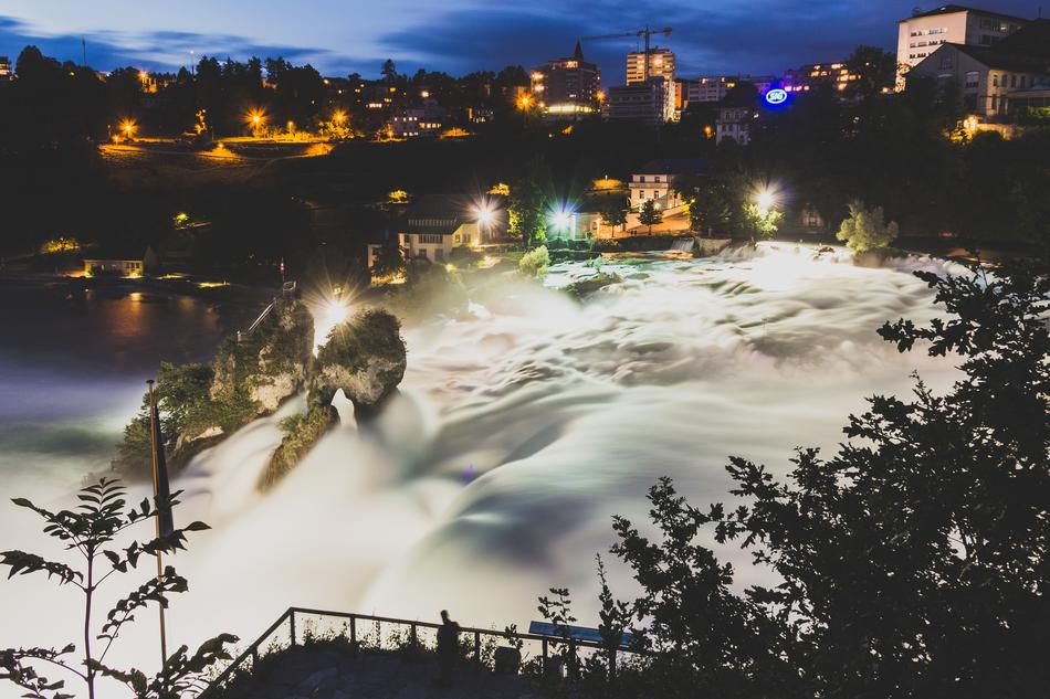 Beautiful white river among beautiful Schaffhausen city with colorful lights in Switzerland