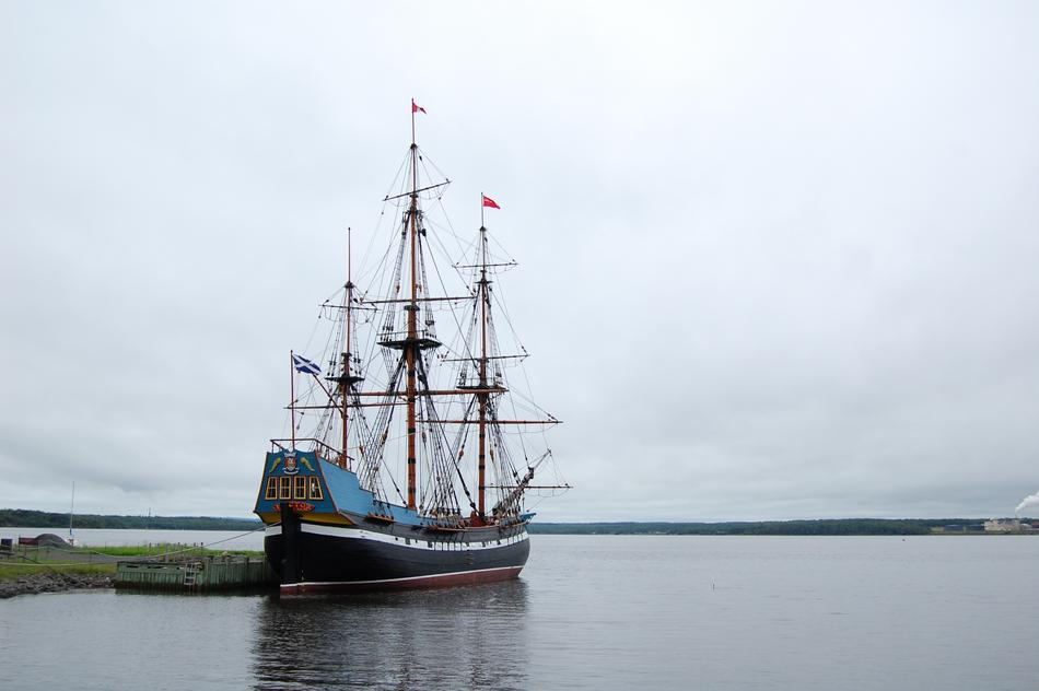 Ship Historical Sea near the coast on a cloudy day