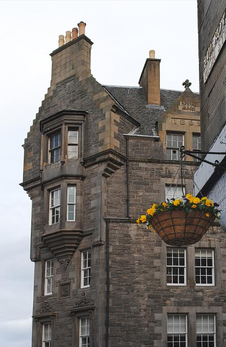Beautiful buildings and yellow flowers in Edinburg, Scotland