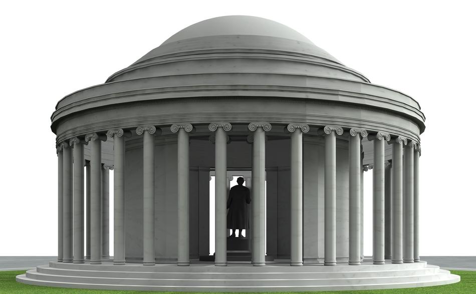 Beautiful Thomas Jefferson memorial with columns among the green grass in Washington, USA