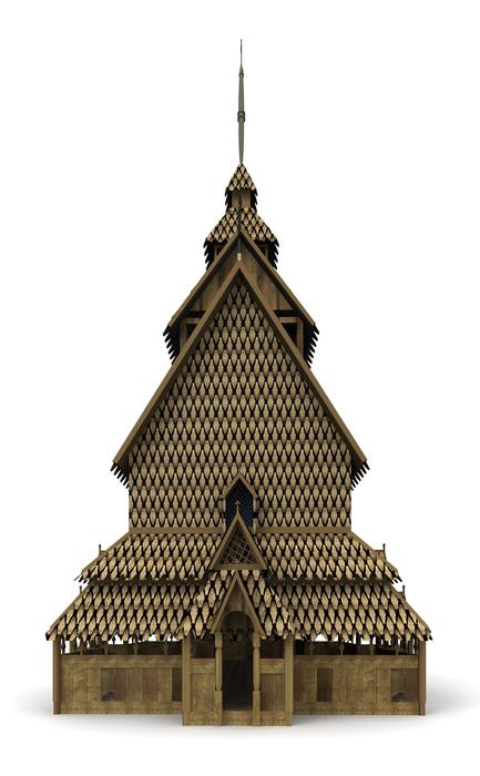 Model of the beautiful stave church in Norway, at white background, clipart