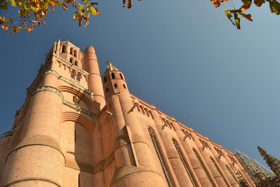Beautiful cathedral in Albi, France, among the colorful trees, under the blue sky