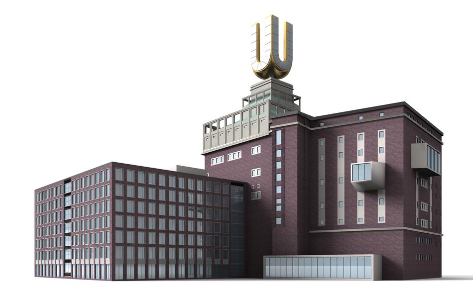 Model of the Dortmund U in Germany, at white background, clipart
