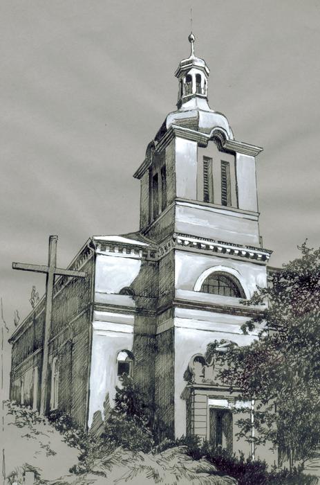 Beautiful, black and white landscape with church and crosses, near the plants, clipart