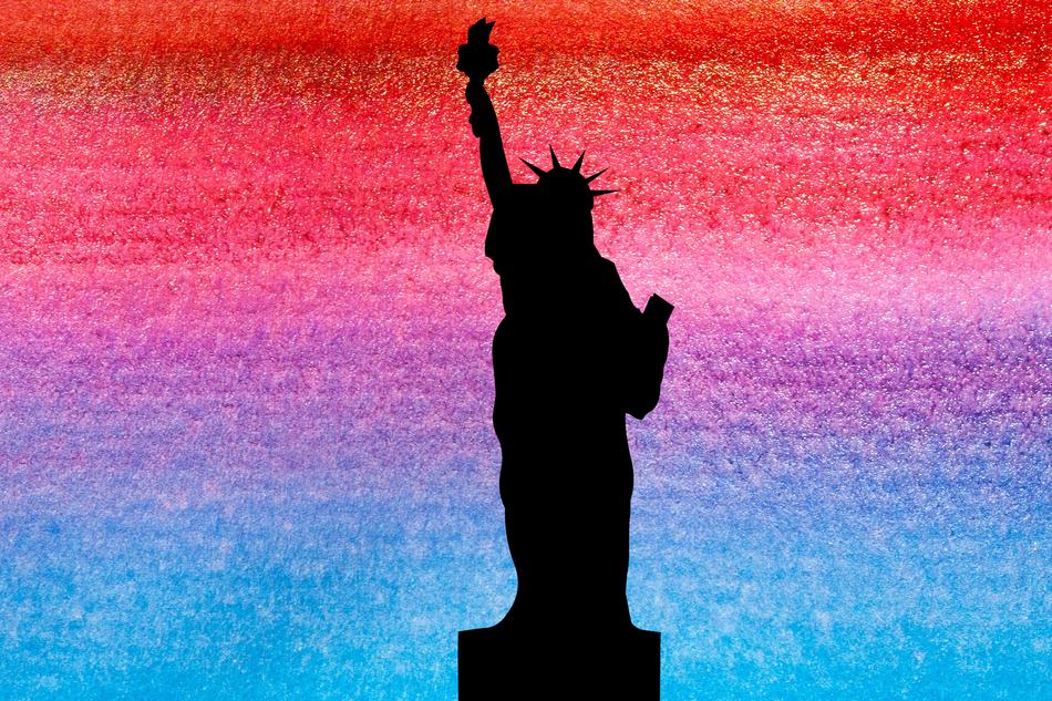 Silhouette of the Statue of Liberty in New York, USA, at colorful, gradient background, clipart