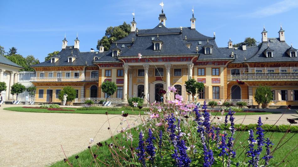 Beautiful and colorful landscape of Pillnitz castle with the park, in Dresden, Germany