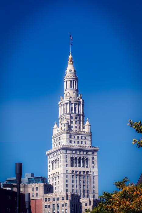Terminal building in Cleveland, Ohio, USA, near the plants, under the blue sky