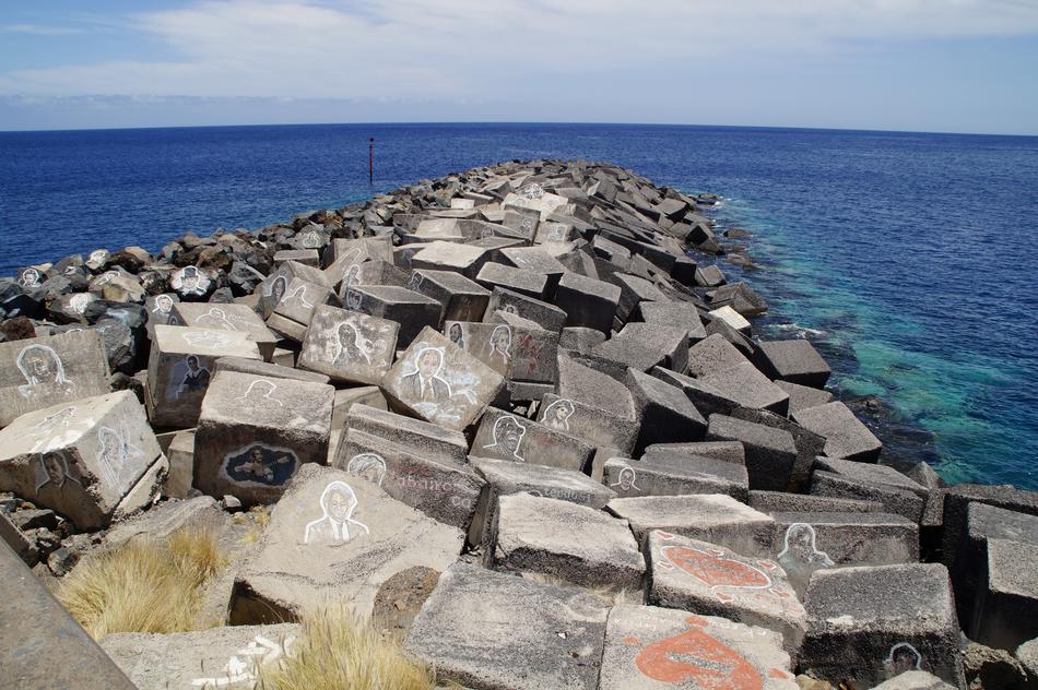 Cubes with colorful paintings on the bank of Santa Cruz