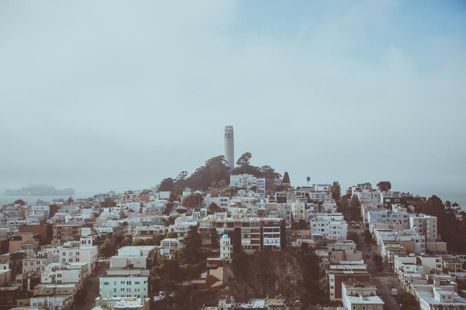 Retro photo with the cityscape of San Francisco, USA, under the clouds