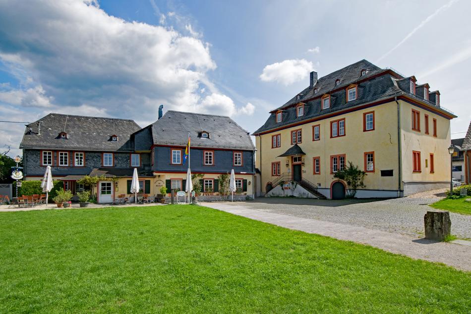 Beautiful and colorful Wehener Castle in Tanusstein, Germany, among the green grass