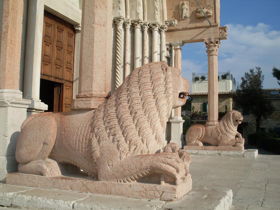 Beautiful cathedral with the lions in sunlight, in Ancona, Italy