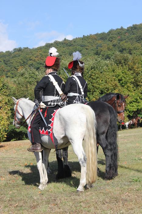 People in colorful solider uniform, on the colorful horses, near the plants