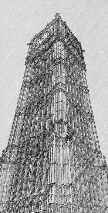 big ben tower, digital art, black and white