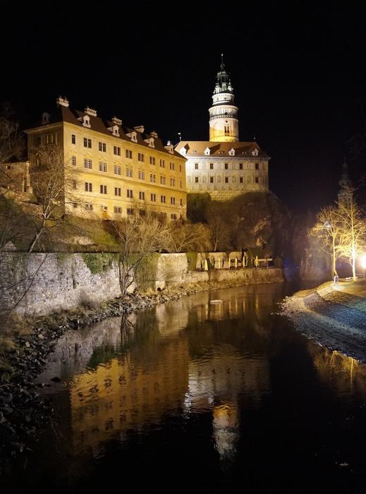 Beautiful coast of Czech Krumlov, Czech Republic, with lights, at the night