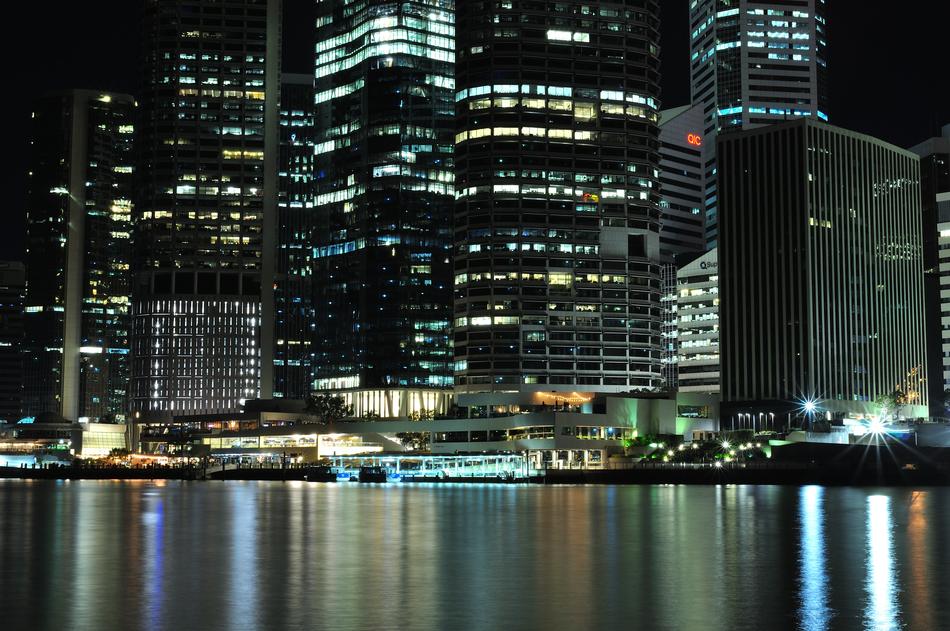 View of the coast of Brisbane, Queensland, Australia, with colorful lights, at the night, from the bridge