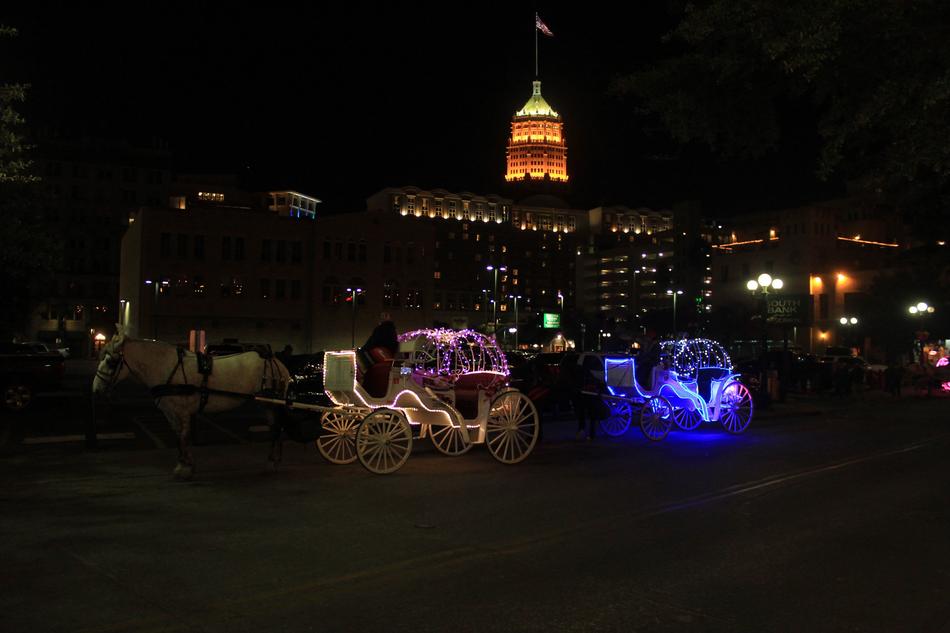 Beautiful buildings in San Antonia, Texas, America, with the colorful lights at the night