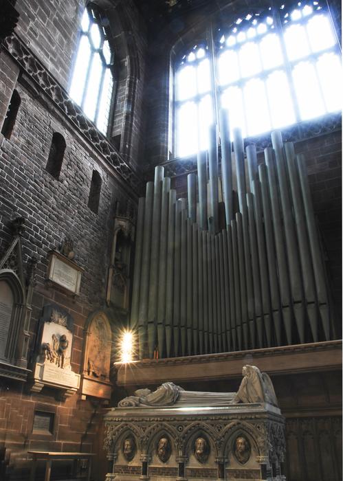Beautiful monument cathedral with the windows, light and pipes in Oregon, USA