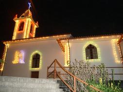 church adorned with lights