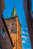 view from bottom of brick Church Architecture