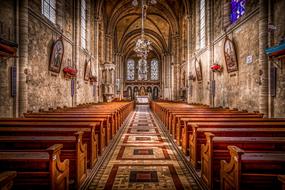 benches in the interior of a gothic cathedral