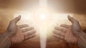 Open hands and cross with the light, on the landscape, clipart
