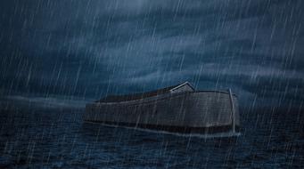 drawn Noah's ark in the sea in the rain