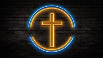 cross inside two fragmented circles, neon sign on brick wall